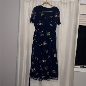 BloomChic Navy Maxi Dress with Floral Embroidery